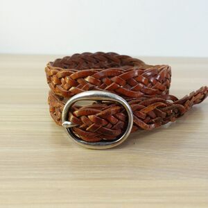 Braided Belt Womens XS Brown Leather Oval Buckle Casual Dress Distressed Genuine
